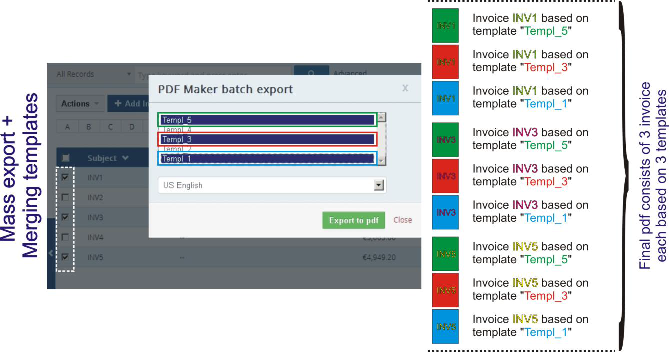 Mass export combined with merging templates